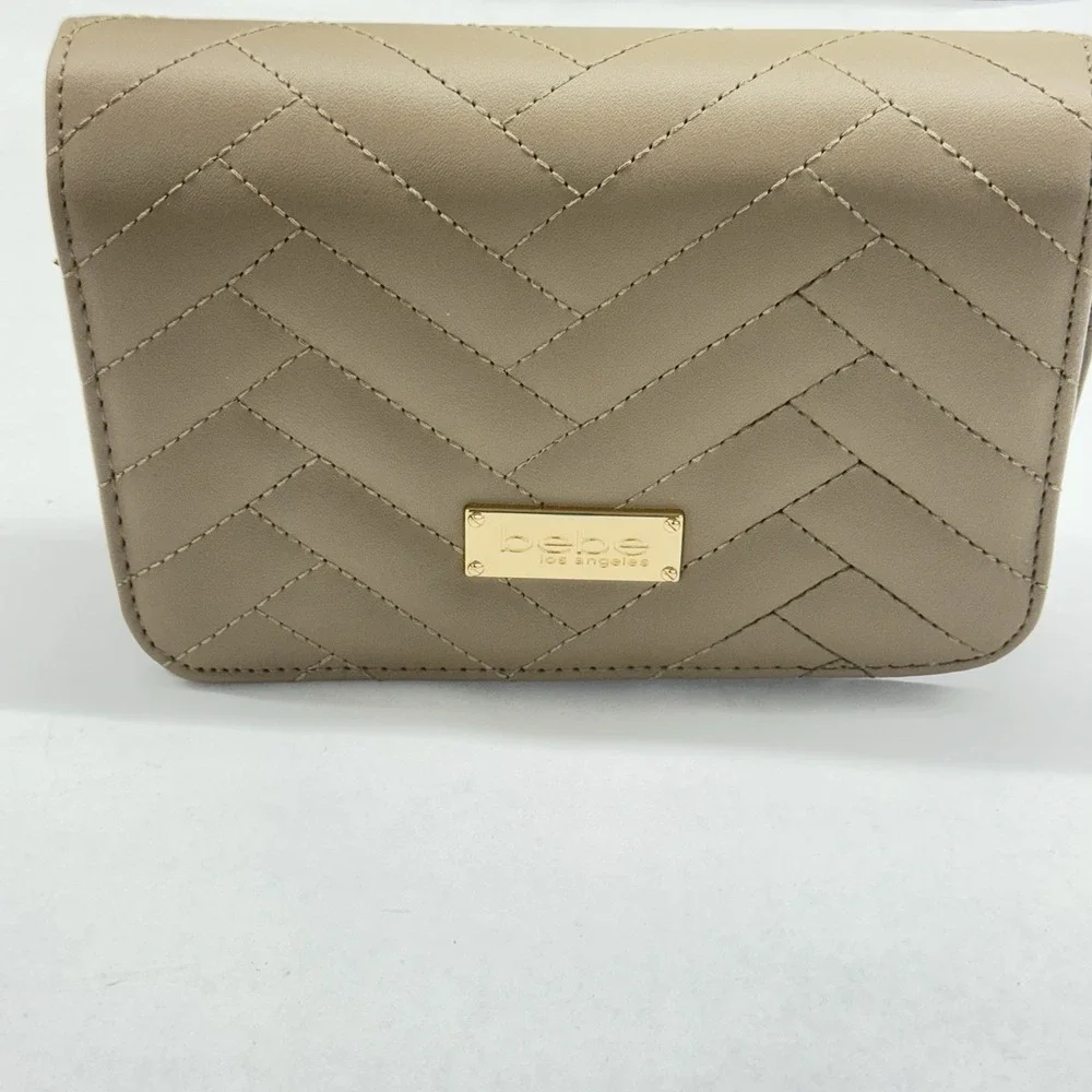 BeBe Los Angeles Sophia Crossbody Small Taupe Quilted Bag Purse Chain Strap NEW - Picture 2 of 9